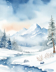 Watercolor winter mountain landscape illustration