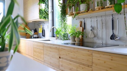 The kitchen boasts sleek and modern cabinets made from responsibly sourced bamboo paired with...