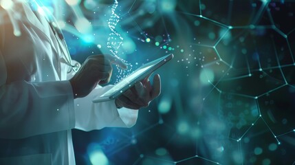 Medicine doctor holding electronic medical record on tablet. DNA. Digital healthcare and network connection on hologram interface, Science and innovative,