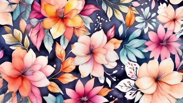 watercolor flowers with colorful botanical leaf background, motion