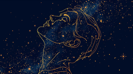 Celestial Mind: Minimalistic Abstract Illustration of Man's Head Silhouette Formed by Star Constellations. Astrology and mysticism concept.  - obrazy, fototapety, plakaty