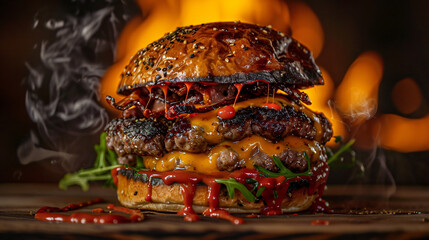 A delicious burger with brisket and melting cheese - obrazy, fototapety, plakaty