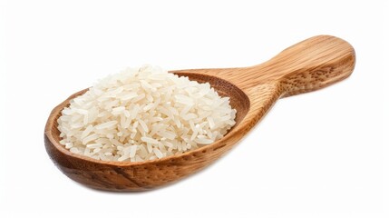Fototapeta na wymiar Organic white rice or jasmine rice in a wooden spoon isolated on a white background