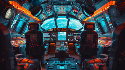 interior of spaceship cockpit, retrofuturism, blue and orange lights, planet earth in the background