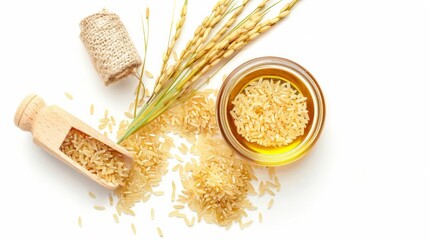 Rice bran oil extract with paddy unmilled rice isolated on white background. - obrazy, fototapety, plakaty