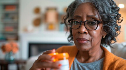 Senior African American woman taking pills, from a medical bottle in her living room. Medication and drugs prescription concept. - obrazy, fototapety, plakaty