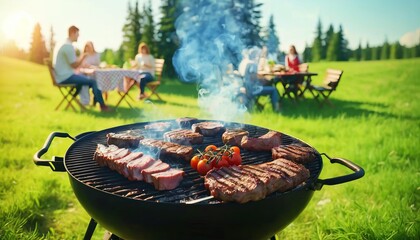 Family barbecue on the grill, against the backdrop of nature, sunny day, outdoor recreation and grilling. Summer holidays and picnics