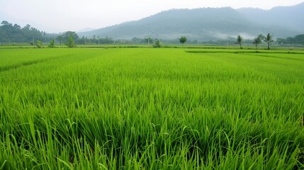 Soft focus of green rice field with paddy rice in Central Region of Thailand. Rice is the main export of Thailand, especially white jasmine rice which The most famous,16 October World food day.