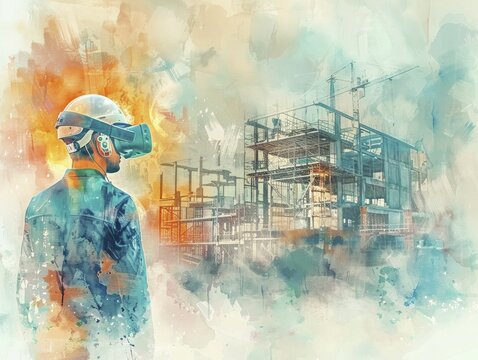 Architect enhances construction vision through AR headset on-site, with steel structures and watercolor painting in the backdrop.