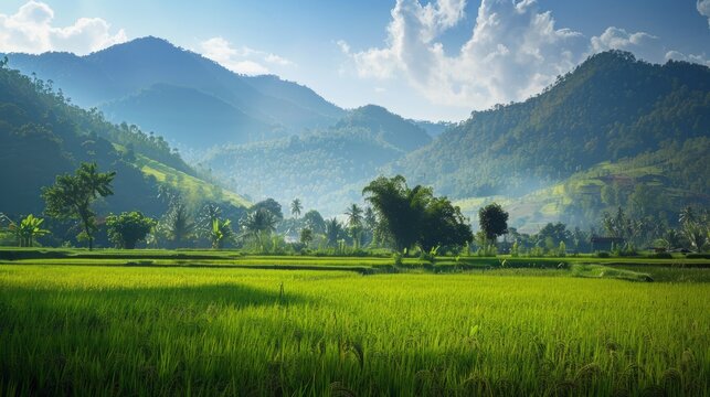 Soft focus of green rice field with paddy rice in Central Region of Thailand. Rice is the main export of Thailand, especially white jasmine rice which The most famous,16 October World food day. - Powered by Adobe