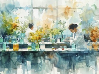 In the biotech lab, scientists meticulously nurture plant tissues in a pristine setting, like a tranquil watercolor painting come to life.