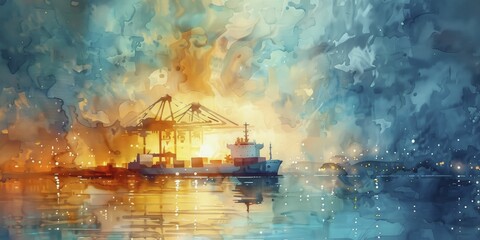 Container ship being loaded in a busy port at twilight, cranes in motion blur, watercolor painting. - obrazy, fototapety, plakaty