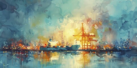 A twilight-lit port bustles as a container ship is loaded amid blurred cranes, evoking a watercolor masterpiece in motion. - obrazy, fototapety, plakaty