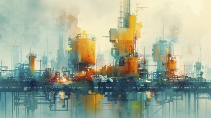 Witness the harmonious blend of technology and art as robots, humans, and IoT connect in a watercolor masterpiece on the production line. - obrazy, fototapety, plakaty
