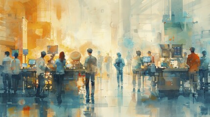 Cyber physical production line with IoT connectivity, robots and human workers collaborating, watercolor painting.