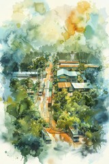 A serene watercolor portrayal of an eco-friendly logistics hub, adorned with electric trucks, solar roofs, and lush greenery.