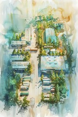 Eco friendly logistics hub with electric trucks charging, solar roofs, and lush greenery integration, watercolor painting.