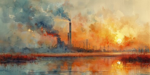 Geothermal power station at dawn, steam rising against the light of the rising sun, watercolor painting. - obrazy, fototapety, plakaty