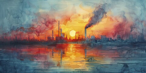 In the tranquil morning glow, the geothermal power station emerges, enveloped in ethereal steam against the rising sun. - obrazy, fototapety, plakaty