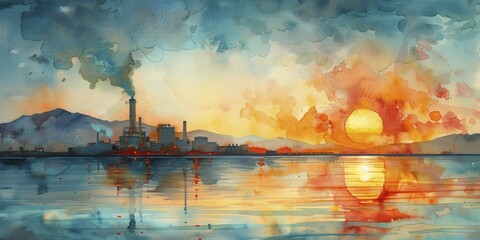 In the tranquil morning glow, the geothermal power station exudes a mystical aura, captured in a watercolor masterpiece. - obrazy, fototapety, plakaty