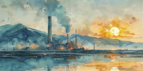 The geothermal power station at dawn painted a mesmerizing scene with steam dancing under the rising sun's glow. - obrazy, fototapety, plakaty