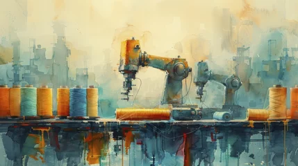 Fotobehang High tech textile manufacturing with robotic arms stitching fabric, colorful thread spools in foreground, watercolor painting © Kanisorn