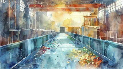 Experience the intricate beauty of recycling in a watercolor masterpiece depicting a waste management facility in action.
