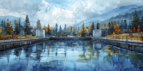Experience the beauty of nature through an innovative watercolor painting capturing the essence of a high-tech water purification plant. - obrazy, fototapety, plakaty