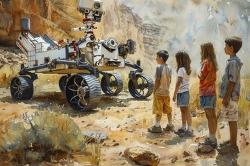 Interactive museum exhibit on space exploration, children interacting with a Mars rover replica, watercolor painting.