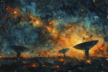 Interstellar communication station with large satellite dishes, night sky with stars, watercolor painting.