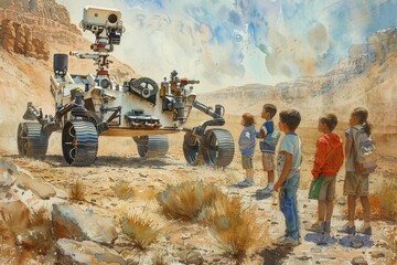 Children marvel at a Mars rover replica in a space exploration exhibit, their imaginations captured by vibrant watercolor paintings.