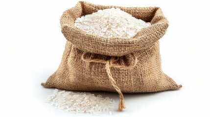 White rice in burlap sack bag isolated on white background