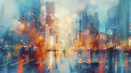 Explore urban streets through a vibrant digital lens, guided by augmented reality and adorned with watercolor strokes. - obrazy, fototapety, plakaty