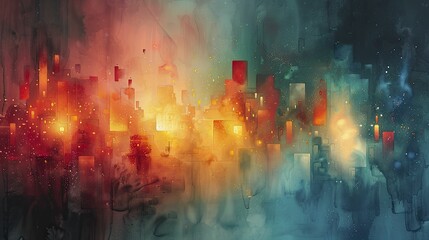 Fototapeta premium A mesmerizing watercolor depiction of a quantum computer, radiating glowing qubits and abstract light patterns, evoking futuristic technology.