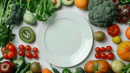 World food day, vegetarian day, Vegan day concept. Top view of fresh vegetables, fruit, with empty plate on white paper background. - obrazy, fototapety, plakaty