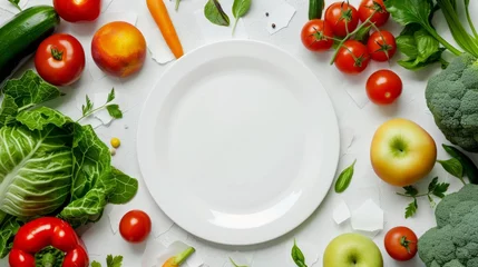 Poster World food day, vegetarian day, Vegan day concept. Top view of fresh vegetables, fruit, with empty plate on white paper background. © chanidapa
