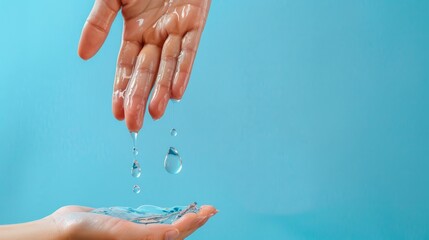 World Water Day, save the water. Fingers holds paper drop from the top on blue background.