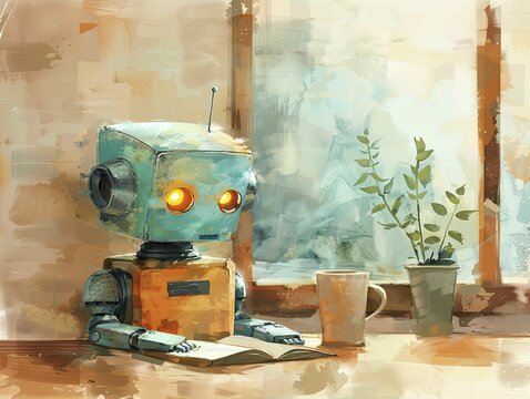 Retro futuristic robot in a 1950s home setting, pastel colors with soft focus, watercolor painting.