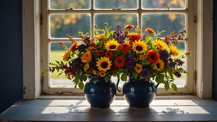 A rustic vase filled with vibrant autumn flowers, set on a navy blue table illuminated by golden sunshine pouring through a window.