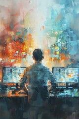 Amid the high-tech chaos, a serene watercolor painting hangs in the Smart City surveillance center, contrasting the operators' intense focus on screens.