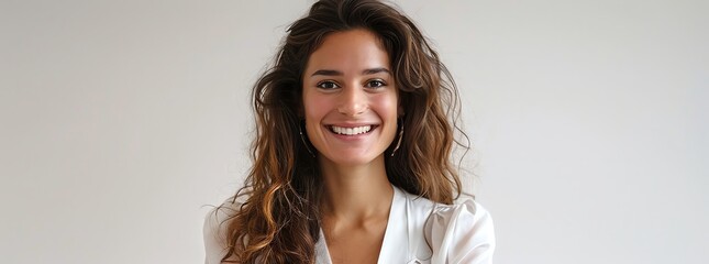 photorealistic mid shot of a smiling woman, long frizzy brown hair, white blouse, white background - obrazy, fototapety, plakaty