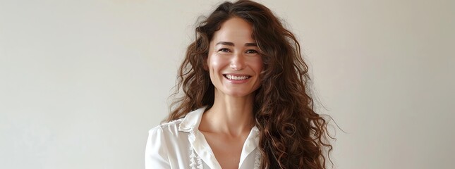 photorealistic mid shot of a smiling woman, long frizzy brown hair, white blouse, white background
