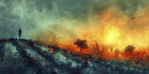 Fototapeta premium Smart farm with IoT sensors in fields, sunrise backlight creating silhouettes of advanced technology, watercolor painting.