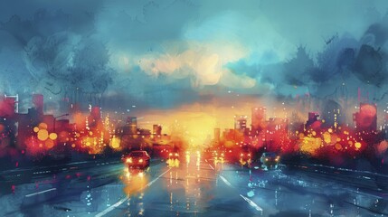 Obraz premium Smart road with embedded sensors and LED lighting, dusk ambiance, cars passing by, watercolor painting.