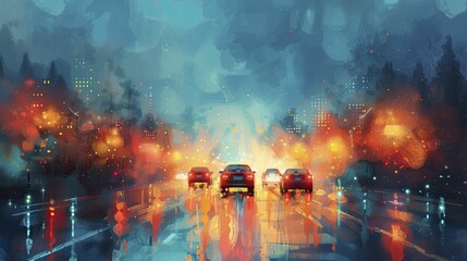 As the sun sets, a smart road illuminates with embedded sensors and LED lighting, capturing passing cars in a watercolor painting ambiance.