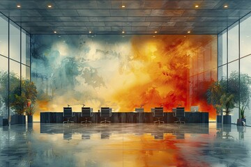 Technology startup pitch event with entrepreneurs presenting to investors, modern conference room, watercolor painting.