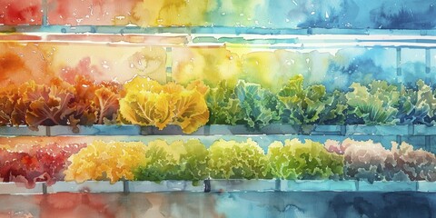 Vertical farm with layers of crops under LED lights, side perspective showing technology layers, watercolor painting.