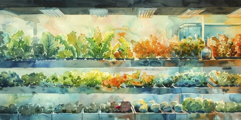 A vibrant watercolor depicts a vertical farm flourishing under LED lights, showcasing intricate technology layers from a side perspective.