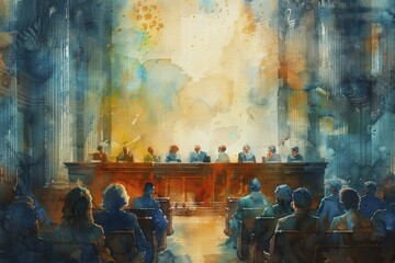 Obraz premium During the virtual courtroom trial, the mesmerizing holographic evidence captivated the judge, jury, and a serene watercolor painting adorned the room.