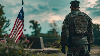 The way a military soldier salutes with a sad face at the grave with the American flag of a soldier who died in a battle,created under the theme of Memorial Day in America on May 27 - obrazy, fototapety, plakaty